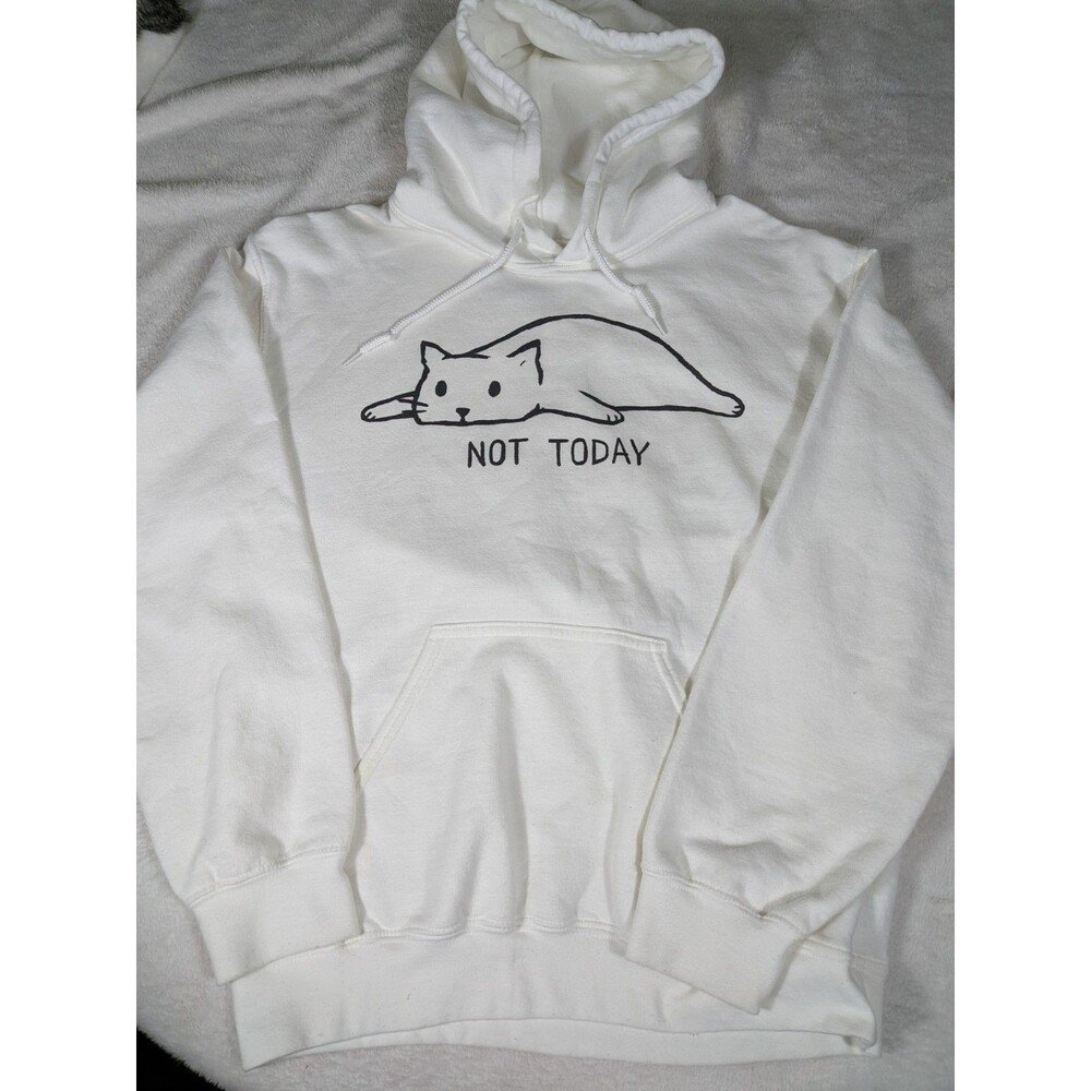 Funny Cat Not Today White Hoodie Womens Small Graphic Pullover Sweatshirt